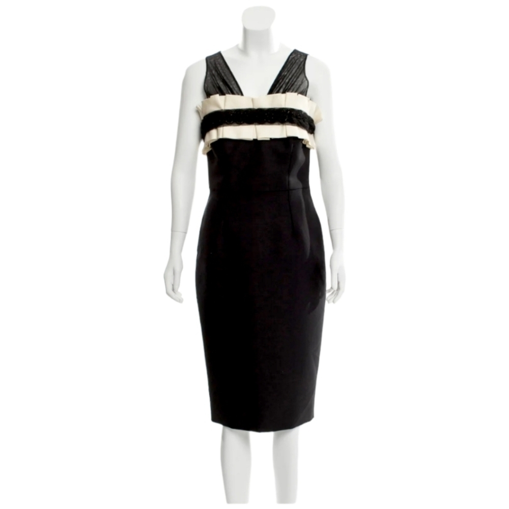 Giambattista Valli Paris Black & Ivory Pleated Ruffle Sheer Illusion Dress